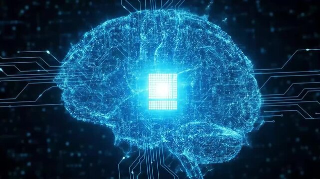 Artificial brain made of circuits and bright blue lights, on a dark background