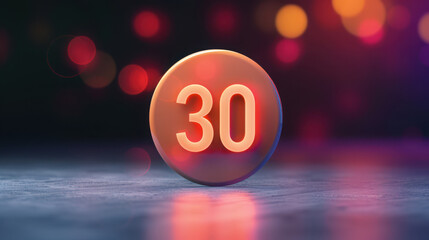Ovoid object with number thirty illuminated against bokeh background
