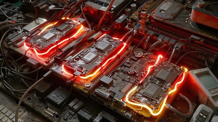 Fototapeta premium Bitcoin the digital currency surrounded by neon lights, infographics, and computer wires