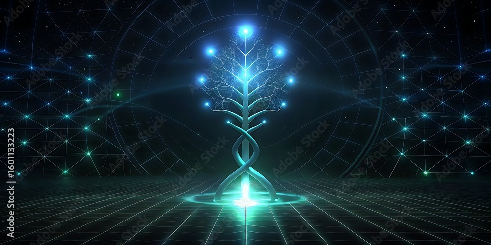 Aufkleber a glowing blue and green digital tree structure pulsates with light against a dark futuristic backgr