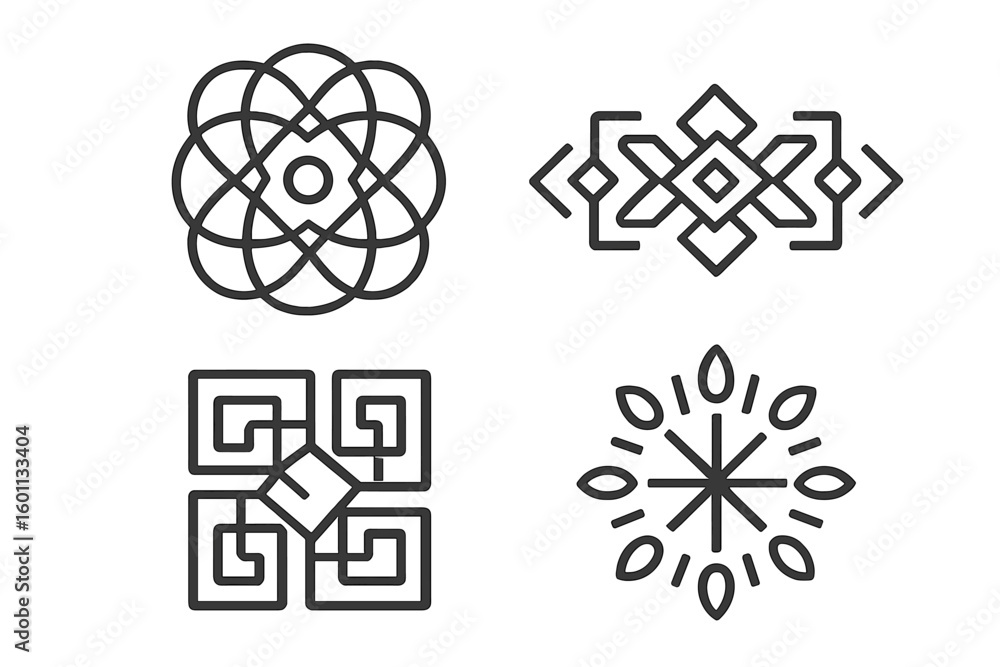 Poster set of geometric decorative elements. abstract line art icons for logo design. ethnic ornaments and 