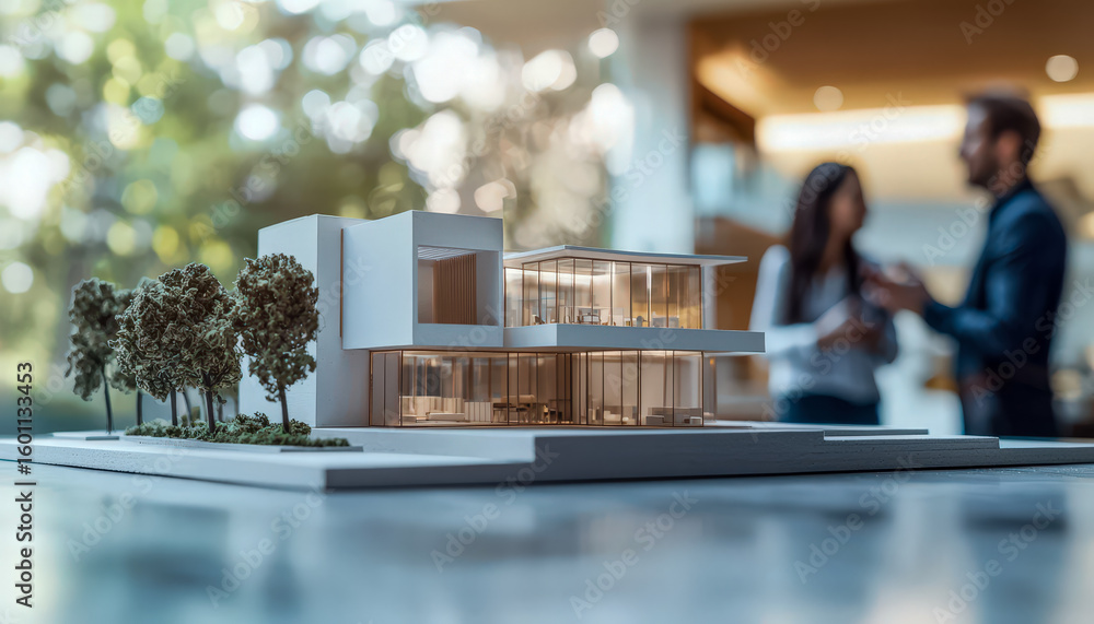 Poster modern architectural design model of a stylish urban building with trees in the foreground and two p
