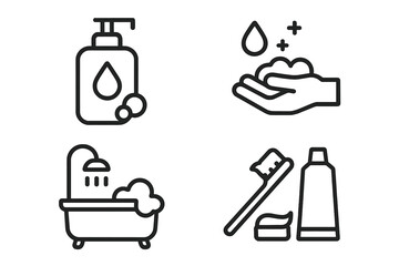 Hygiene line icon set. Personal care and cleanliness symbols. Hand washing, shower, bath, and dental care. Simple outline vector illustration for health and sanitation.