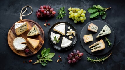 A photo of a dark stone table with various varieties of hard cheese, lined with slices. Decoration with grapes and fresh herbs. An advertising photo with a place for the text.