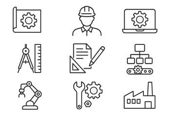 Engineering and manufacturing line icon set. Thin outline vector symbols for industry and technology. Includes factory, robot arm, blueprint, engineer, flowchart, drafting tools.