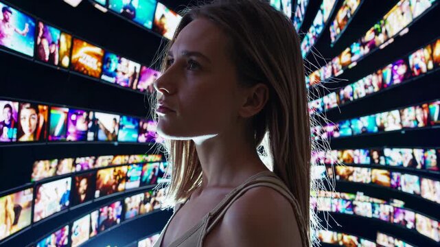 Young woman observes a multitude of digital content displayed on a large curved screen, showcasing various movies and tv shows available for streaming