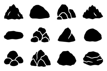 Collection of twelve black silhouette rock shapes for graphic design