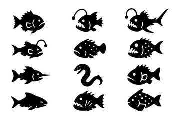 Silhouette collection of deep sea creatures with shark and anglerfish designs