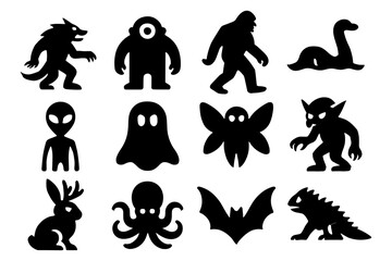 Silhouette collection of mythical creatures and cryptids in black