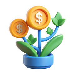 Obraz premium Stylized 3d money plant with dollar coins and green leaves isolated on transparent background