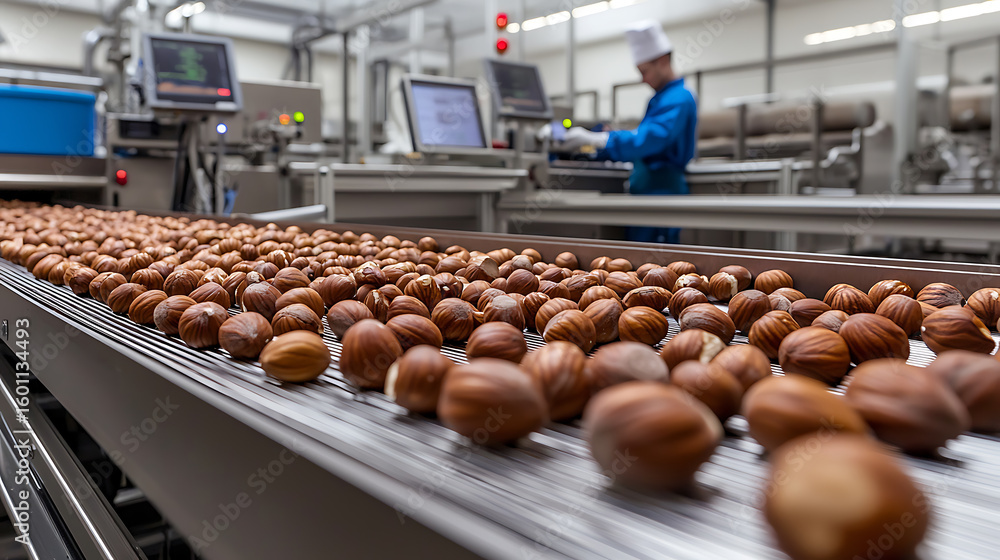Poster nuts on conveyor belt: hazelnuts move through a processing facility, quality checked by a worker. fo