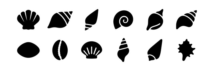 Seashell silhouettes: nautical collection of marine shells in black