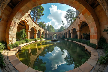 A large, circular pool with a fountain in the middle. The water is calm and clear, and the surrounding area is filled with trees and plants. The scene has a peaceful and serene atmosphere