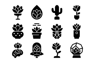 Creative black silhouette succulent icons in unique geometric designs