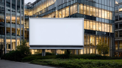 Large blank outdoor billboard on modern building facade with illuminated windows at night 