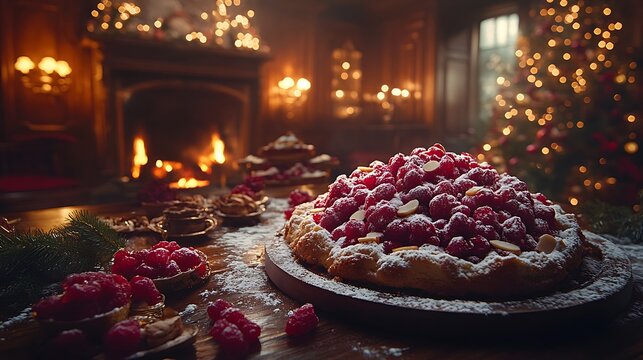 Raspberry tart with almonds and powdered sugar on a rustic wooden table.