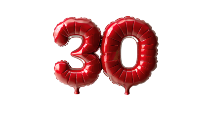 red helium balloons forming the number thirty on transparent background
