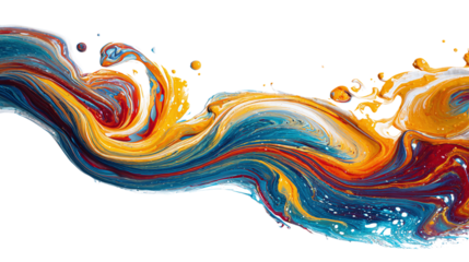 Abstract acrylic paint swirls in red, orange and blue isolated on transparent background 
