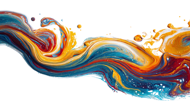 Abstract acrylic paint swirls in red, orange and blue isolated on transparent background 