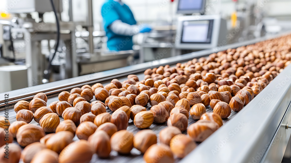 Poster hazelnuts on a conveyor belt: fresh nuts being processed and sorted in a food factory, ensuring qual