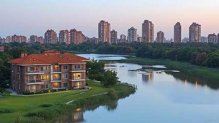Fototapeta premium Residential complex by a calm river, beside a cityscape.