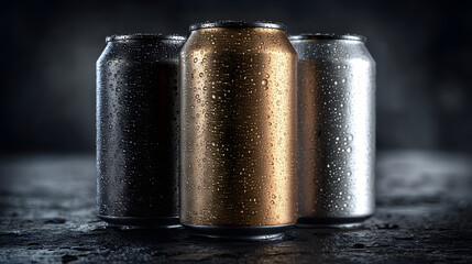 A trio of glossy aluminum drink cans in gradient colors