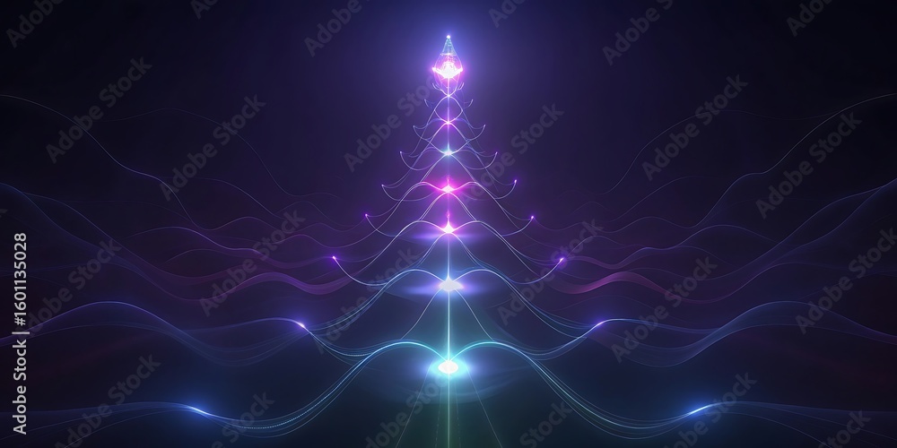 Aufkleber an abstract glowing tree shape made of shimmering purple and blue light particles flows with etherea