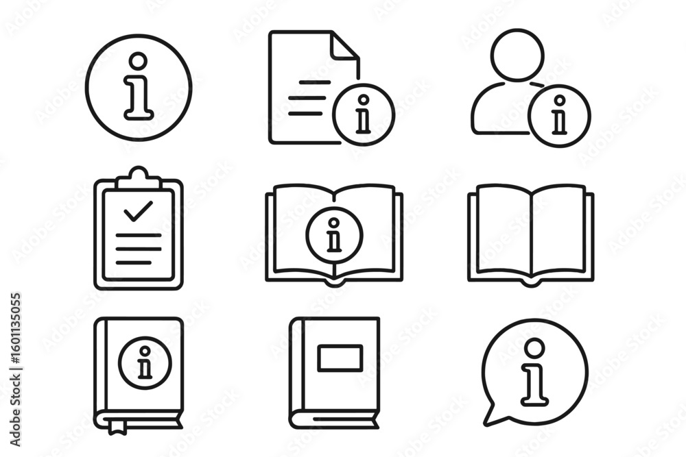Poster information line icon set. help, support, and user guide symbols. faq, manual, and instruction conce
