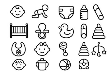 Baby care and newborn essentials line icon set. Childhood and parenting vector outline symbols. Includes diaper, bottle, crib, pacifier, toy, bib, rattle, mobile.