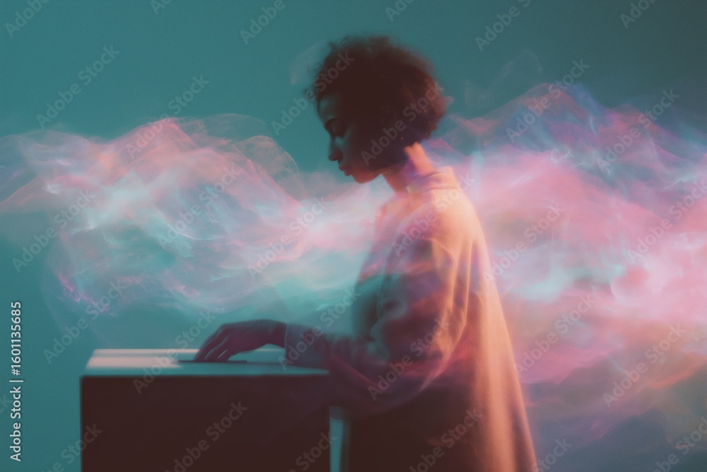 Poster enigmatic figure interacts with a mysterious object in a dreamlike setting filled with colorful smok