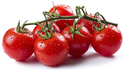 Collection of ripe red tomatoes shown against a white background