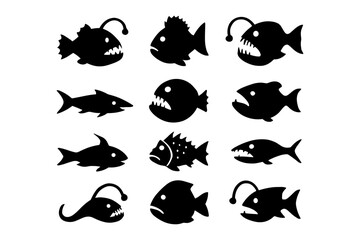Naklejka premium Silhouette collection of deep sea fish with angler and shark designs