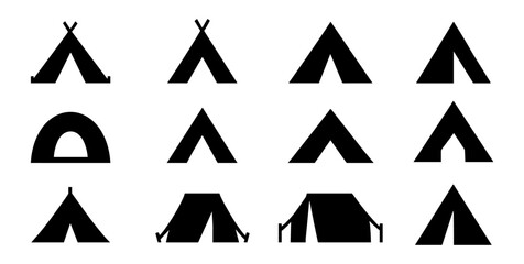 Camping tent icons set: minimalist silhouette collection of various tent styles