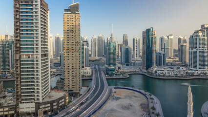 Amazing colorful dubai marina skyline during sunset timelapse