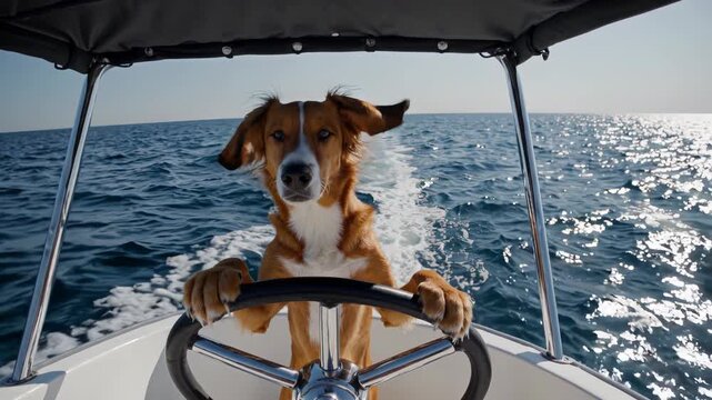 Brown canine happily navigating sailboat across ocean, wind blowing through fluffy fur, enjoying sunny maritime adventure with carefree spirit