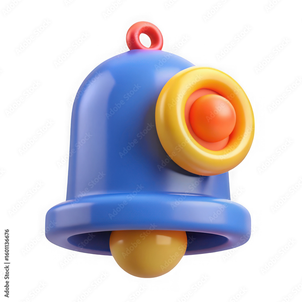 Poster 3d rendered blue notification bell with red loop and yellow accent isolated on transparent backgroun