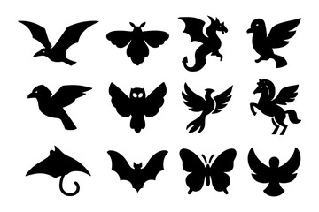 Silhouette collection of birds, insects, and mythical creatures