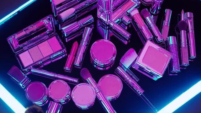 Glamorous pink makeup products artfully arranged on reflective surface, illuminated by vibrant neon lighting, creating visually striking cosmetic composition