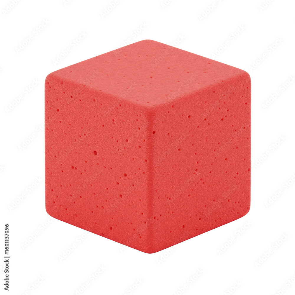 Aufkleber a vibrant red, perfectly cubic foam die with rounded corners and subtle texture, in a precise 3/4 vi