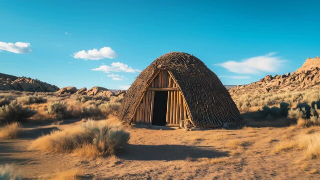 A traditional Native American dwelling, known as a hogan, made of wood and earth. It is set in a desert landscape with sparse vegetation and blue skies.