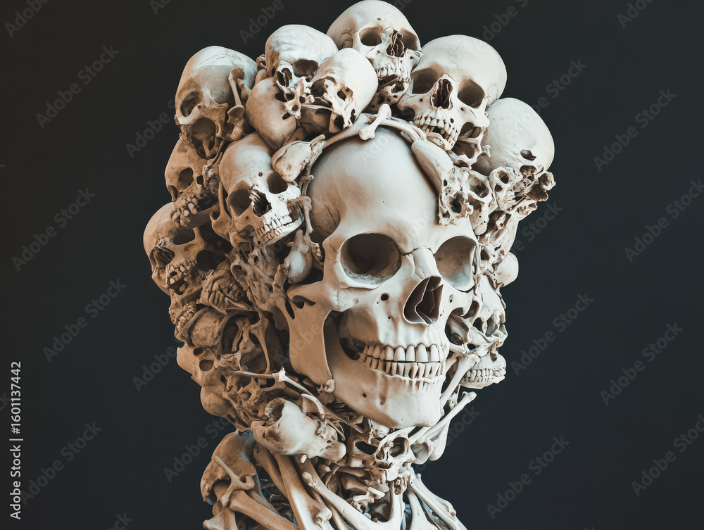Poster skull is surrounded by many other skulls, creating a spooky and eerie atmosphere. the image is a wor