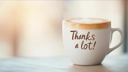 Coffee or cappuccino cup with Thanks a lot text on a light background. Ideal for greeting cards, social media, promo, gratitude concept and warm wishes.