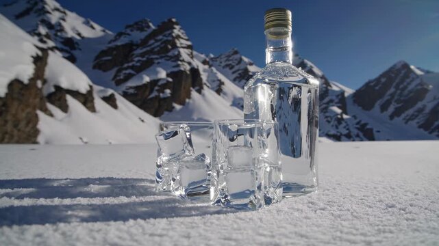 Clear vodka bottle and two glasses filled with ice stand on a snow covered surface, with a majestic mountain range in the background under a clear blue sky