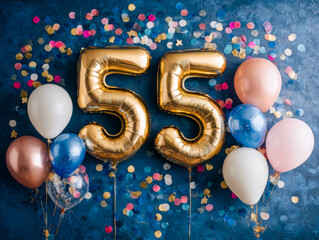 Celebrating a 55th Birthday with balloons and colorful confetti backdrop