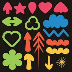 Colorful collection of arrows hearts flowers and clouds on a black background.