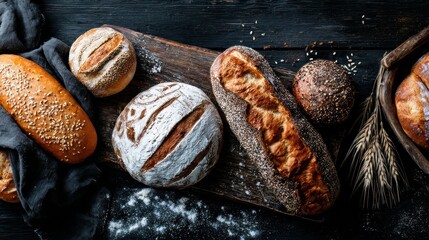 Flat lay of assorted artisan breads on a black wooden surface