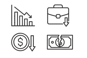 Economic crisis line icon set. Financial recession, market crash, business decline concepts. Vector icons for bankruptcy, currency collapse, investment loss, inflation, debt.