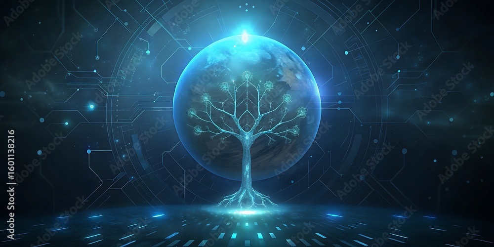 Poster a glowing digital tree stands centered on a luminous blue earth surrounded by futuristic circuitry a