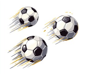 Three soccer balls in motion, depicted with stylized speed lines, against a white background.  The balls are classic black and white, rendered in a cartoonish style