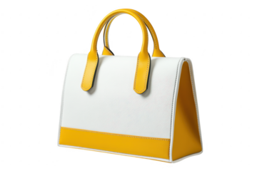Stylish white and yellow leather handbag with curved handles isolated on transparent background